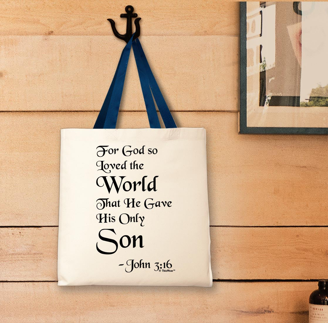 tote bag hanging on a wall
