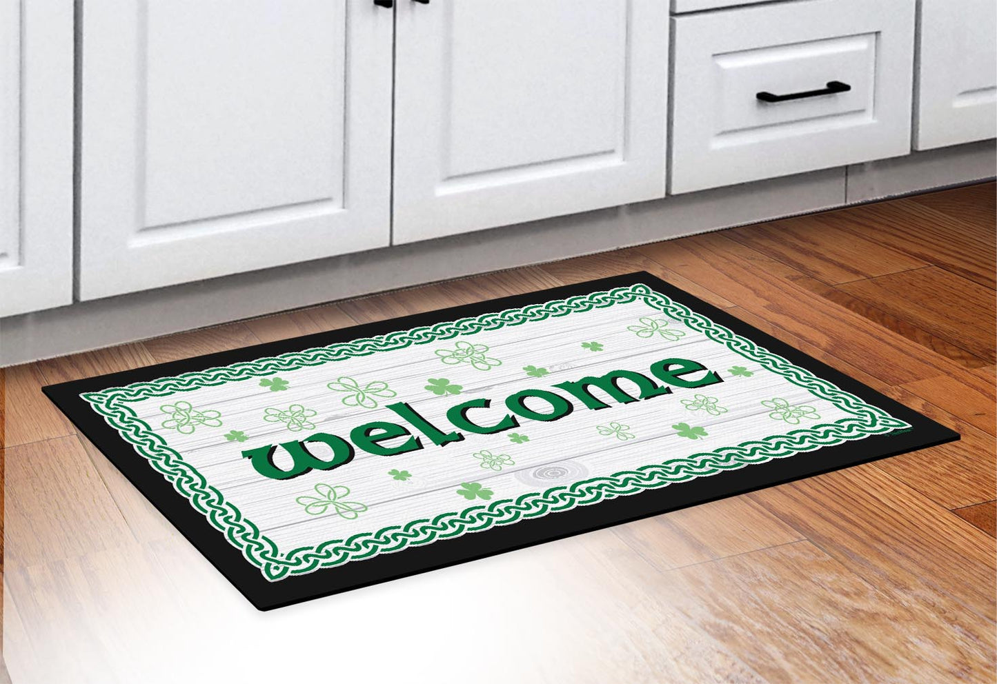 doormat in front of cabinets