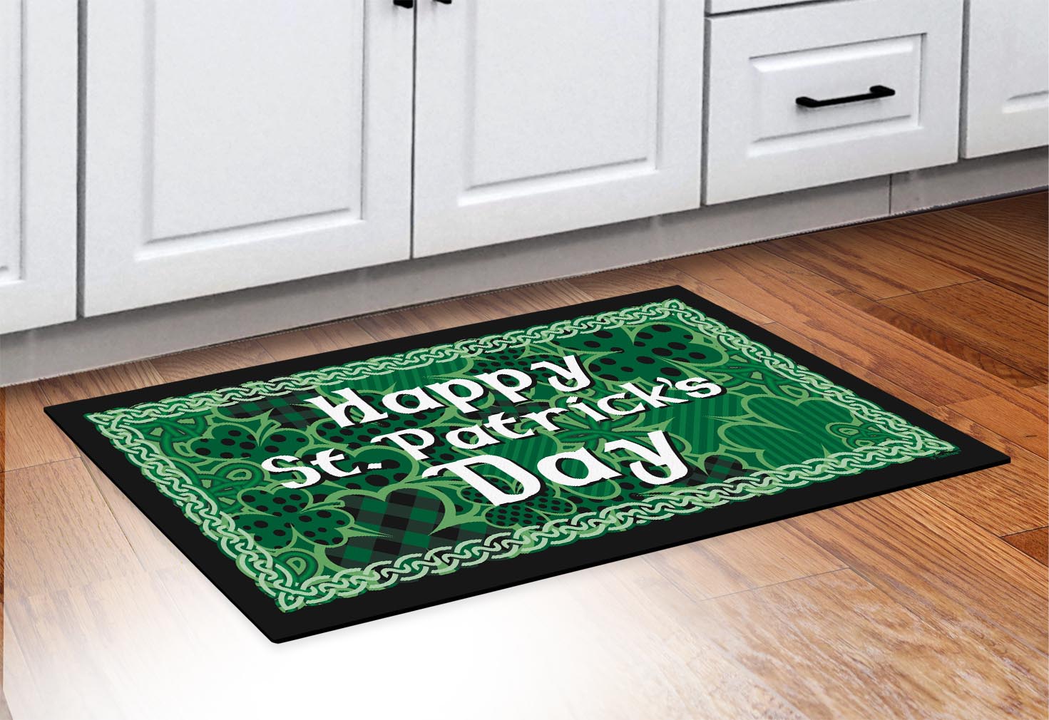doormat in front of cabinets