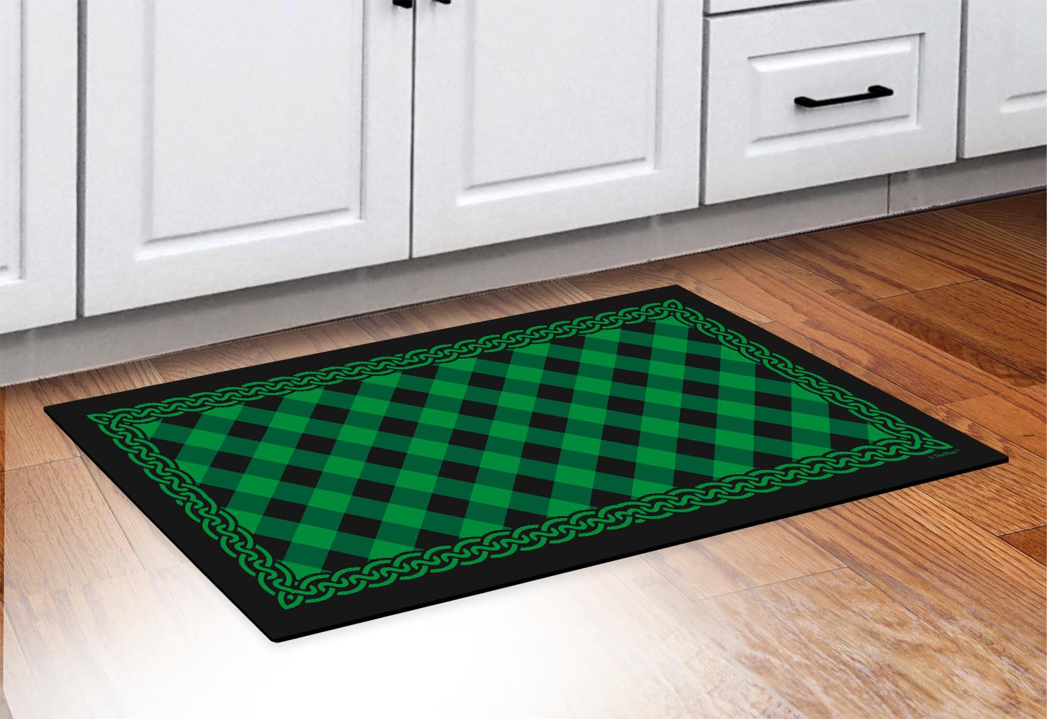 doormat in front of cabinets