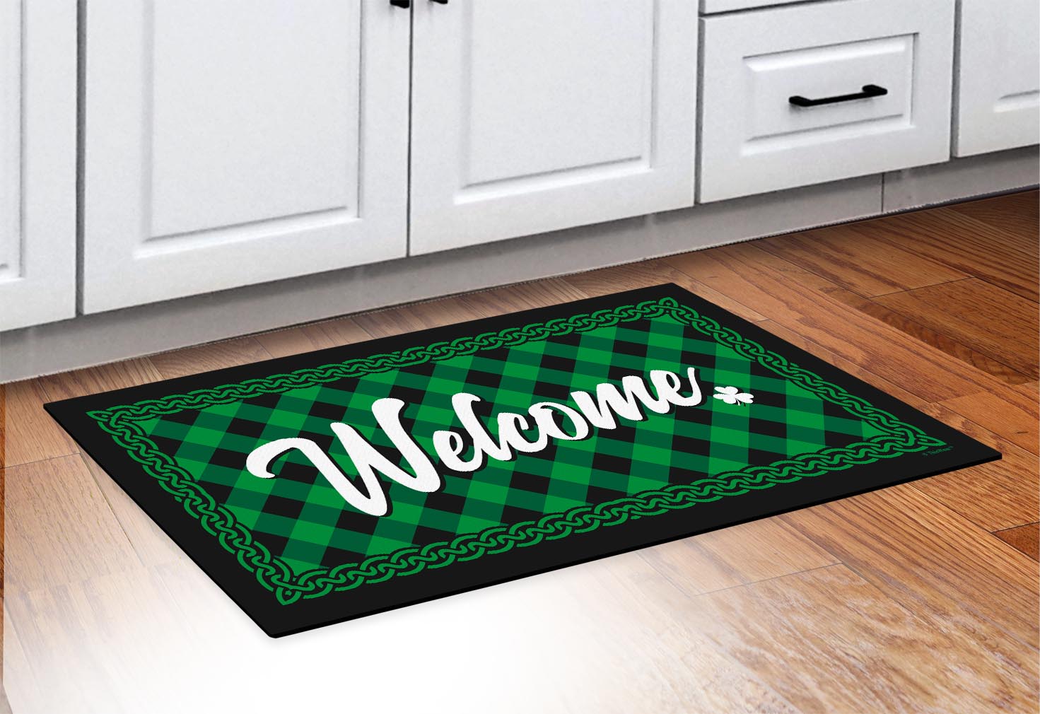 doormat in front of cabinets
