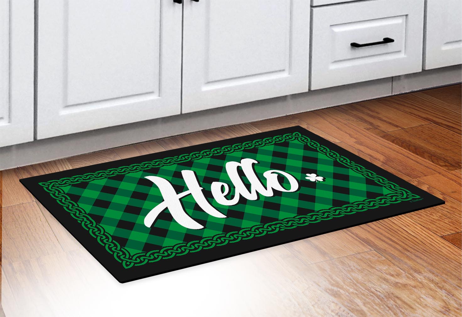 doormat in front of cabinets
