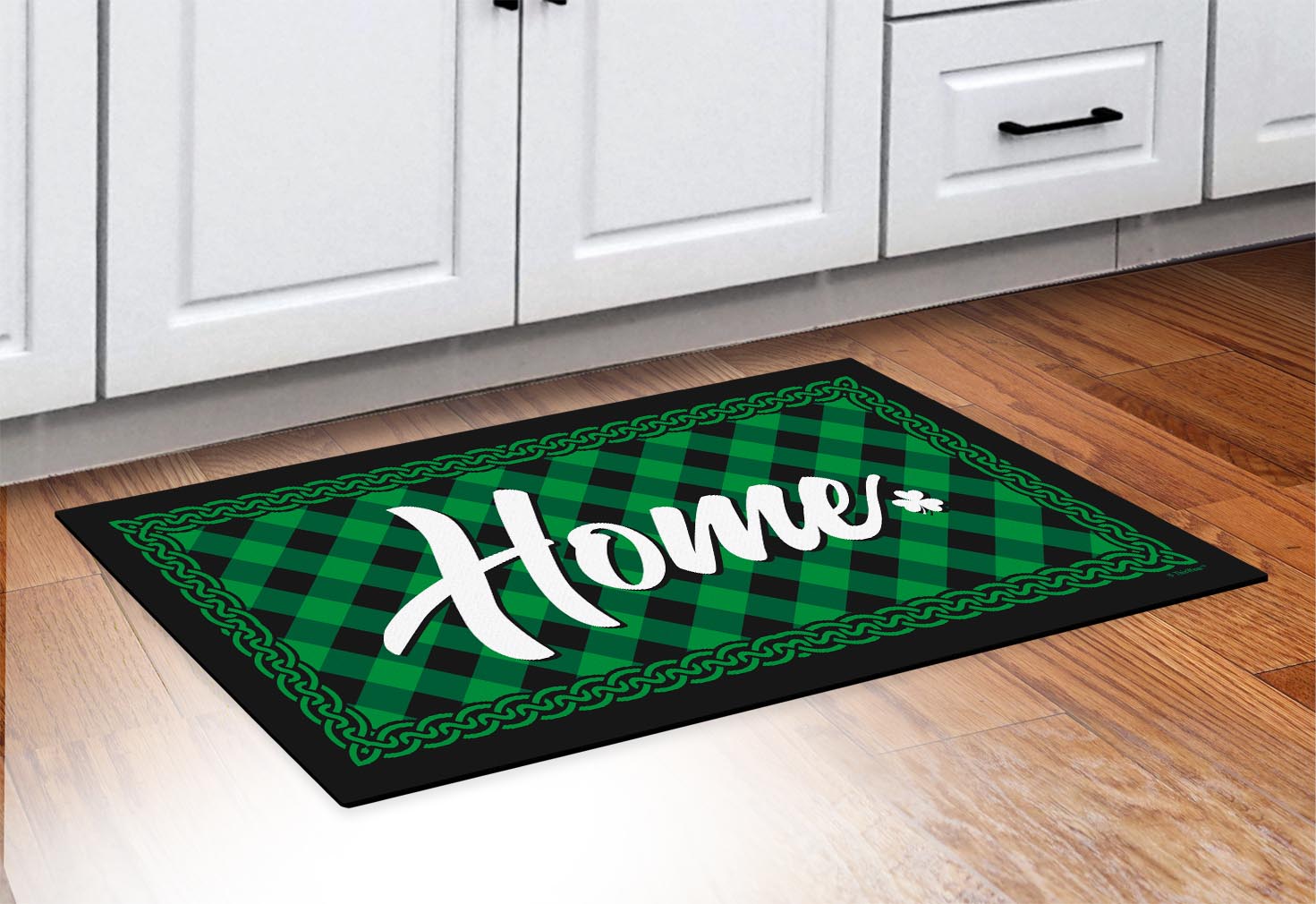 doormat in front of cabinets