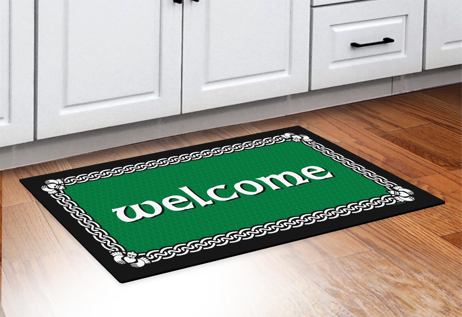 doormat in front of cabinets