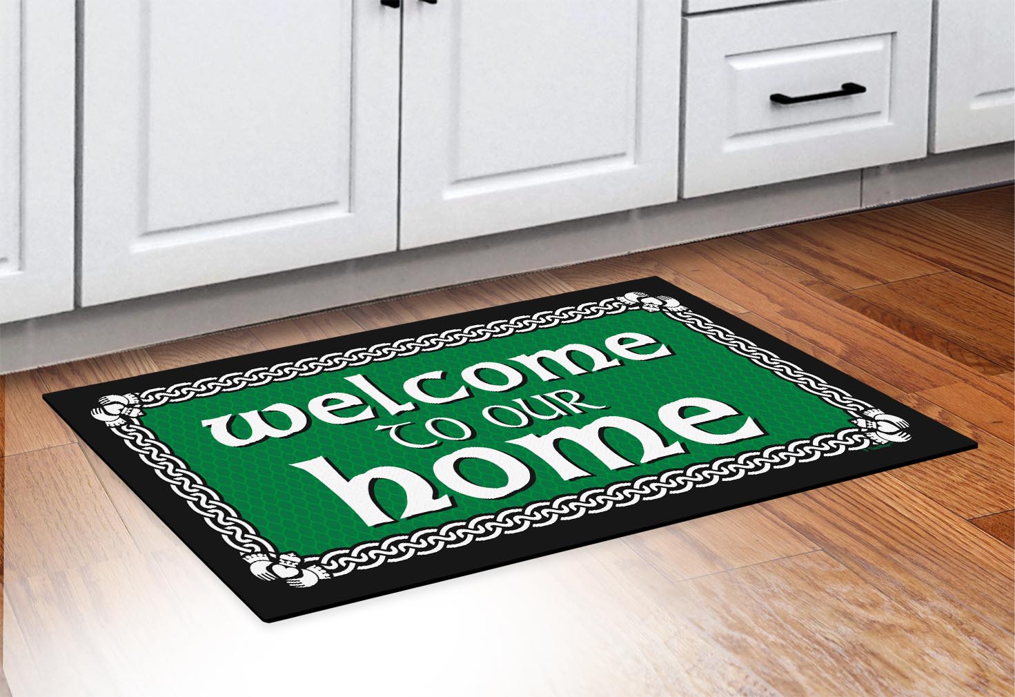 doormat in front of cabinets