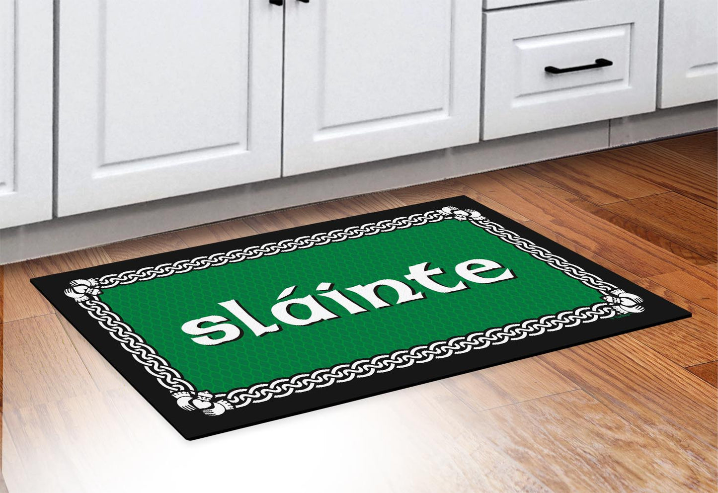 doormat in front of cabinets