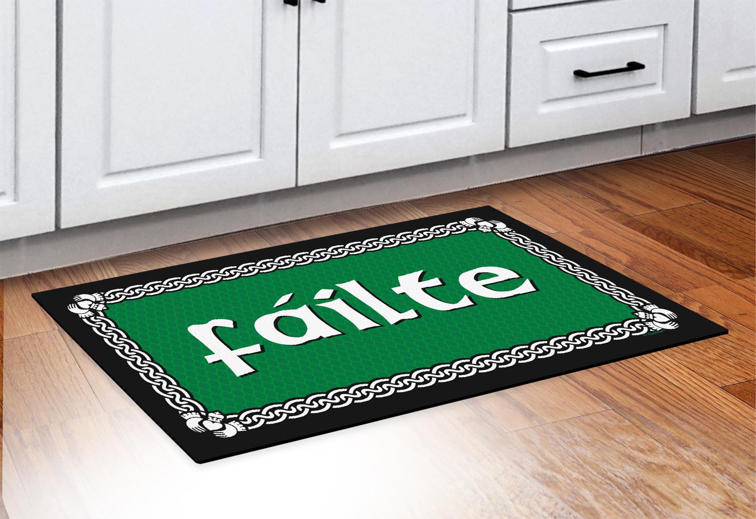 doormat in front of cabinets