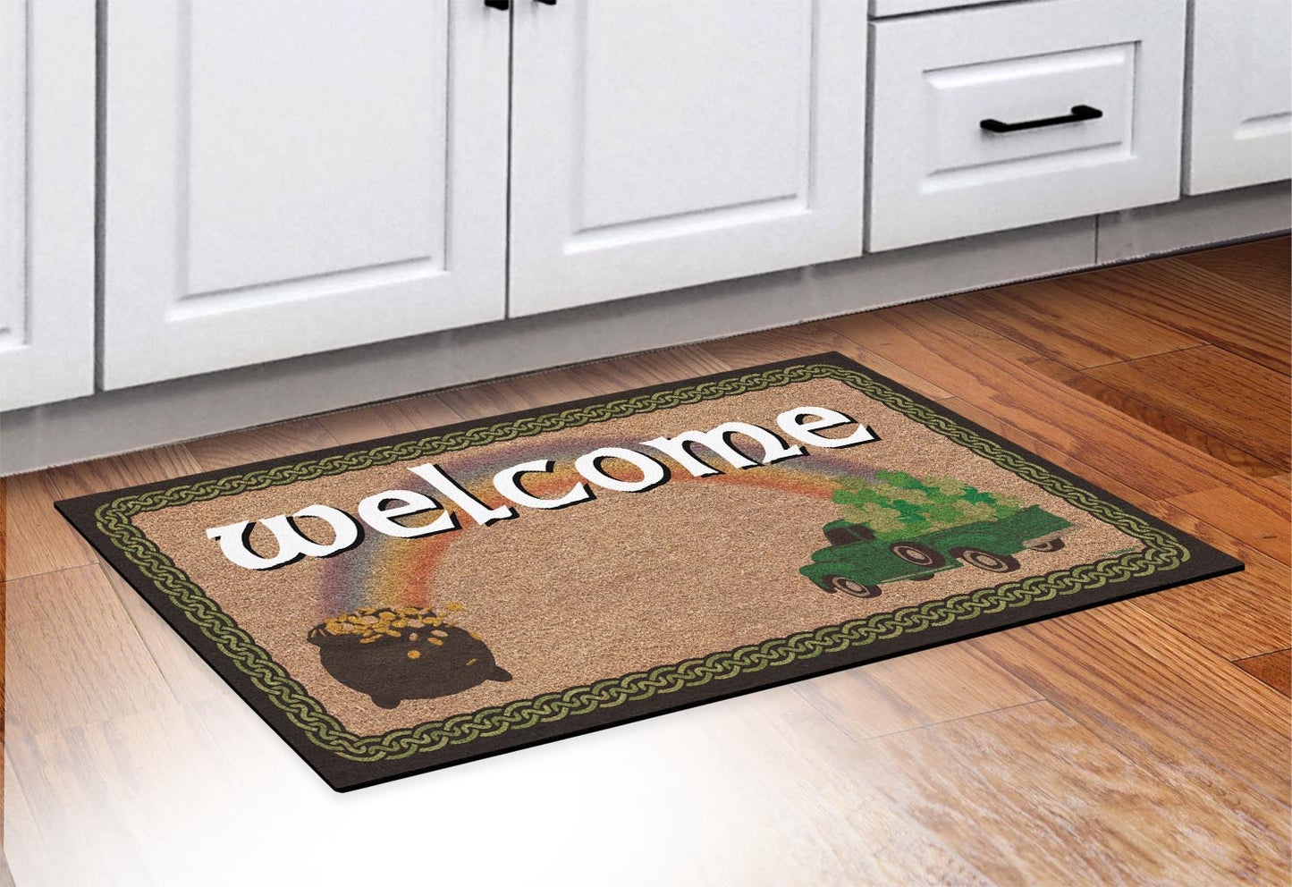 doormat in front of cabinets