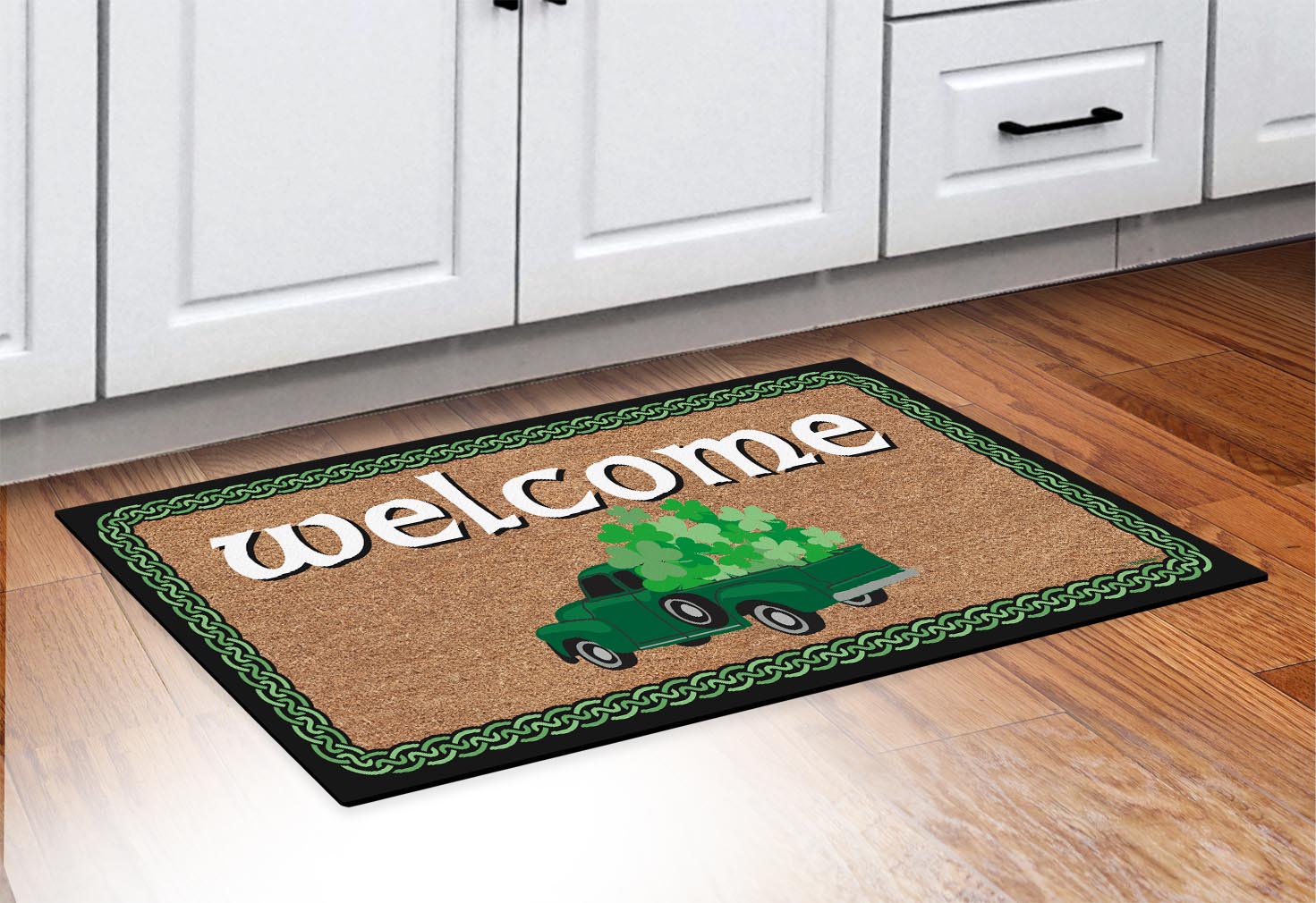 doormat in front of cabinets