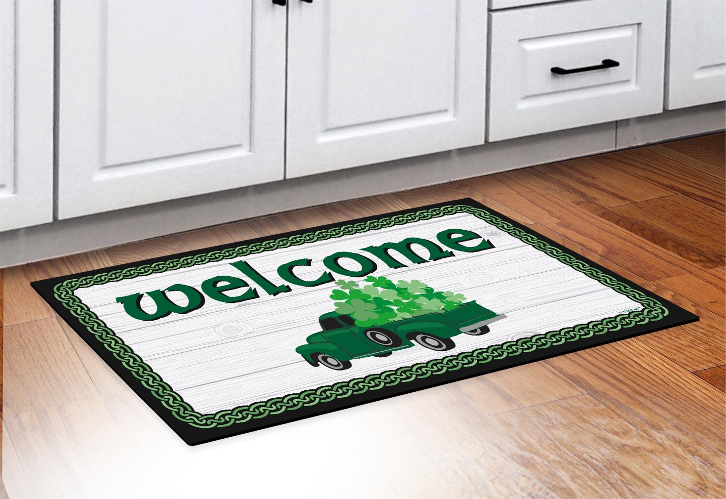 doormat in front of cabinets