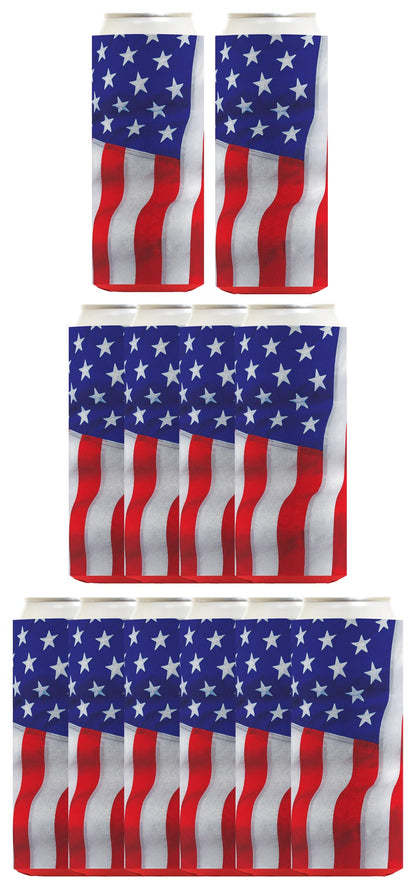 USA Flag Waving Vertical Standard or Slim Can Thermocooler Drink Sleeve